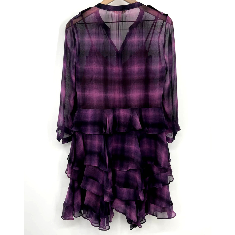Rebecca Taylor Long Sleeve Plaid Ruffle Dress in Berry Size 2 Purple Black Sheer - Picture 13 of 16